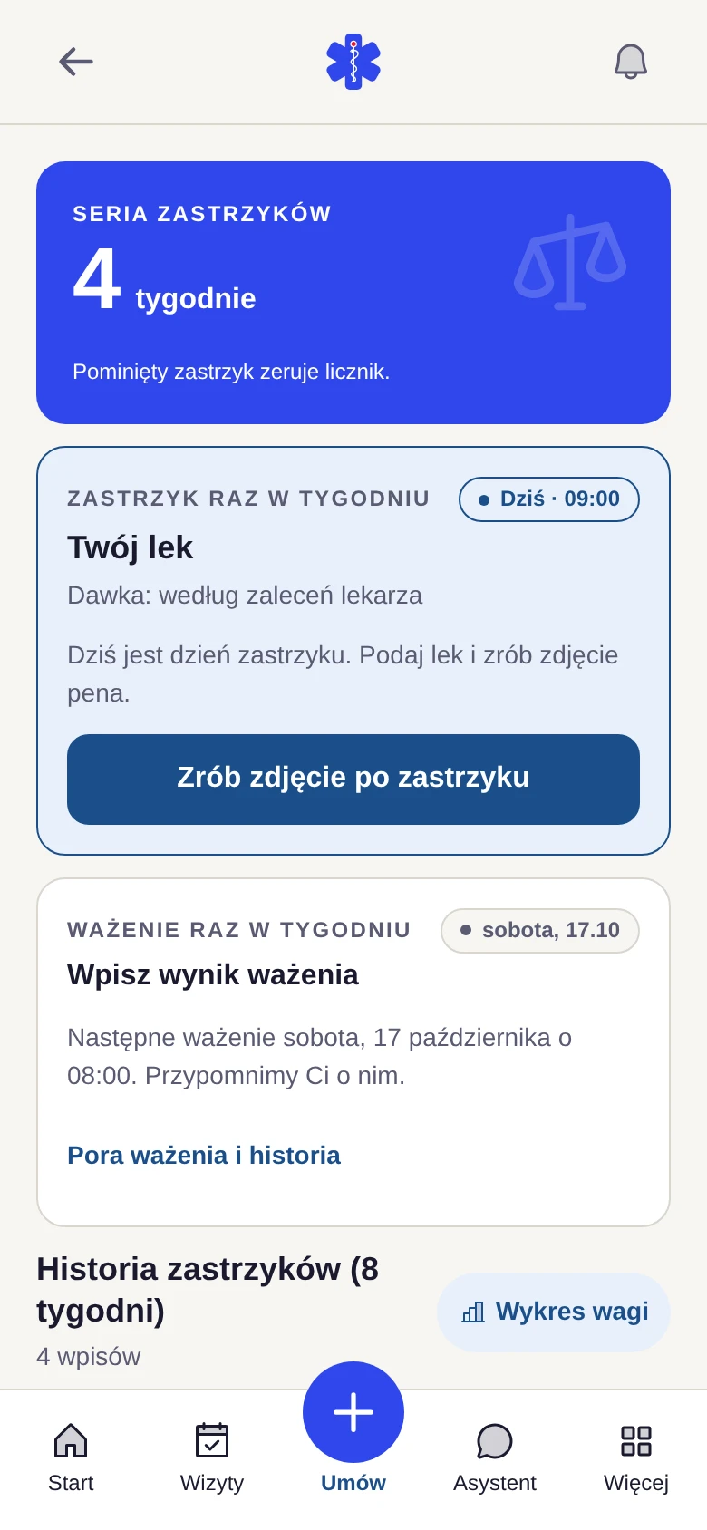 Ekran programu leczenia otyłości w aplikacji Nasz Gabinet