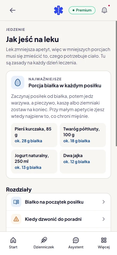 Poradnik „Jak jeść na leku” z porcjami białka do każdego posiłku i listą rozdziałów