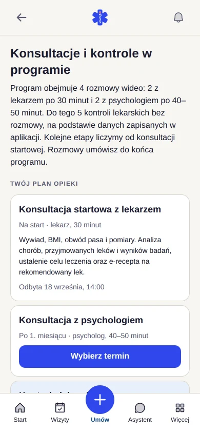 Plan konsultacji z lekarzem i psychologiem oraz comiesięcznych kontroli w programie leczenia otyłości