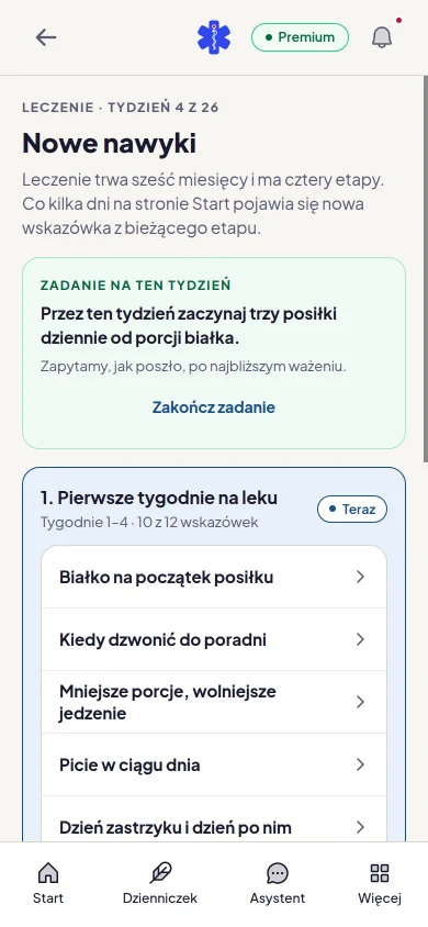 Ekran „Nowe nawyki” z zadaniem na ten tydzień i wskazówkami pierwszego etapu leczenia