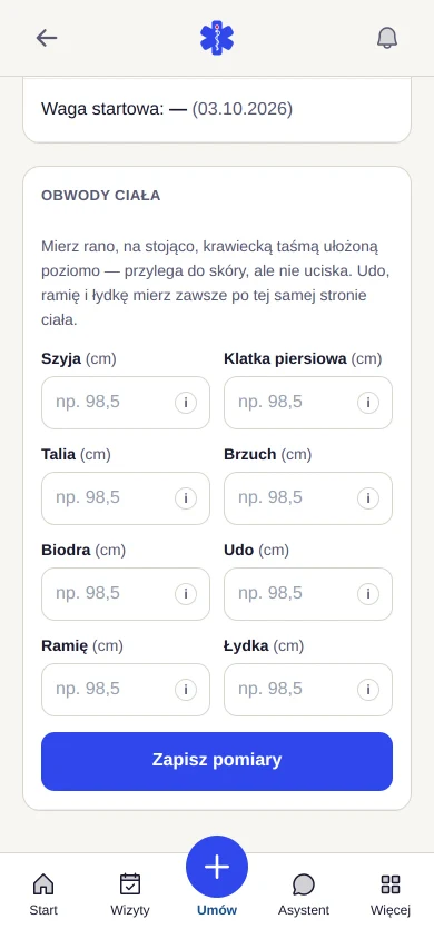 Formularz comiesięcznych pomiarów ośmiu obwodów ciała z instrukcją mierzenia taśmą
