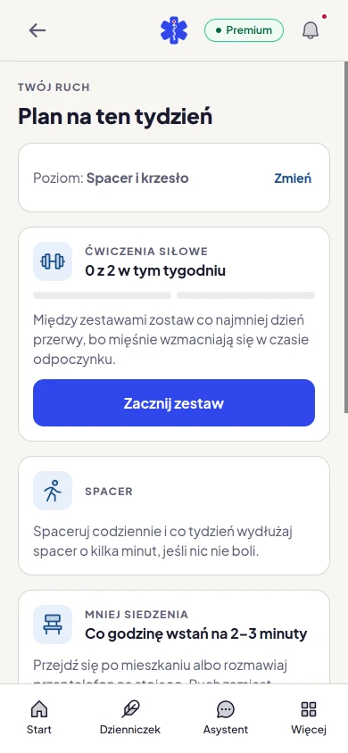 Plan ruchu na tydzień na poziomie „Spacer i krzesło” z ćwiczeniami siłowymi i codziennym spacerem