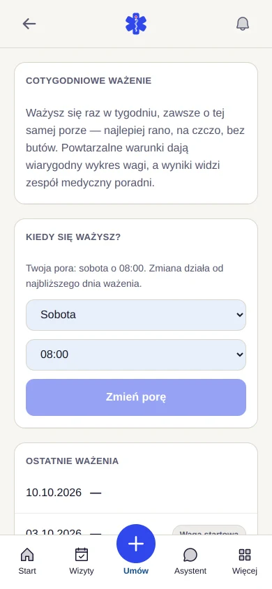 Ekran cotygodniowego ważenia z wyborem dnia, godziny i miejscem na historię wyników