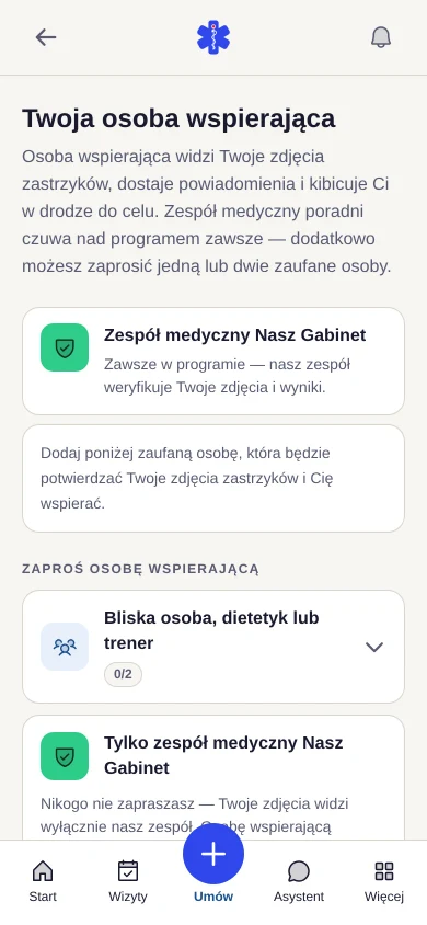 Ekran osoby wspierającej z zespołem medycznym poradni i możliwością zaproszenia bliskiej osoby